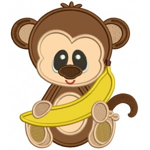 Monkey With a Banana Applique Machine Embroidery Design Digitized Pattern